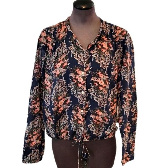 EC LUCKY BRAND BUTTON UP TIE AT THE BOTTOM FLORAL BLOUSE SZ.S - Picture 1 of 4